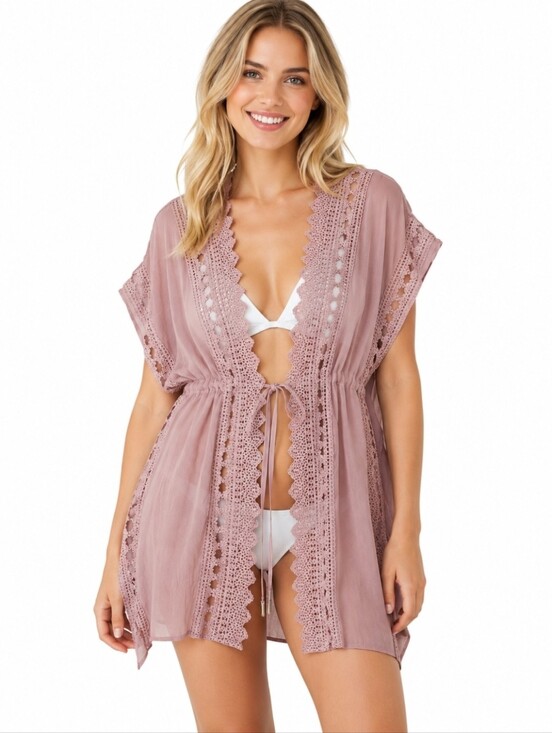 Elan Other - ELAN Women's Vivi crochet Cover Up tie front boho slouchy pink  Mauve Lace Sz S